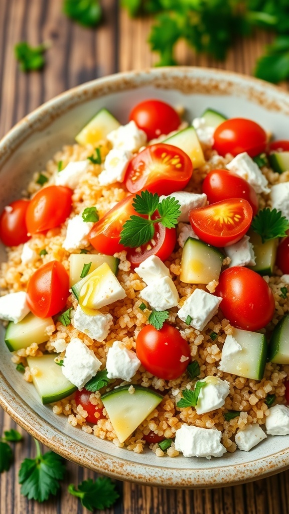 A colorful Greek quinoa salad with tomatoes, cucumbers, feta cheese, and olives in a rustic bowl.